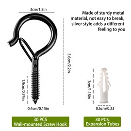 OSELEE Q-Hanger Screw Hooks Outdoor, Wall Mount Ceiling Hook, Safety Buckle Design, Used for Hanging Basket Planters, Wind Chimes, Key, String Lights, etc (30pack-black)