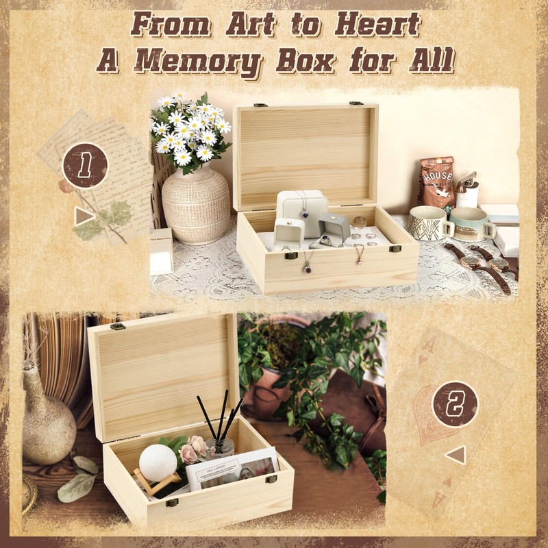 HIPNOOK Unfinished Wood Boxes Large Wooden Boxes with Hinged Lid