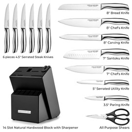 Zulay 15 Piece Stainless Steel Knife Set with Block and Sharpener - Sharp Knife Block Set with Built In Sharpener - Kitchen Knife Set With Block - Rust Proof Knife Set Stainless Steel