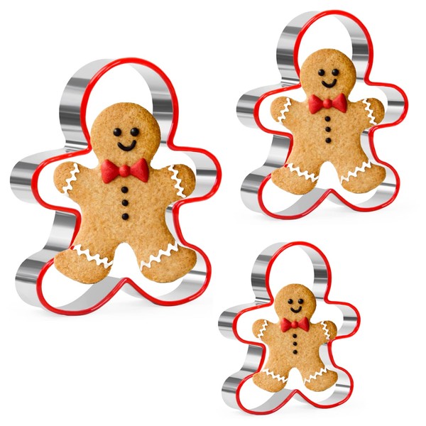 Gingerbread Man Cookie Cutters Set, 3 Pieces Gingerbread Man Cookie Cutter Set, Stainless Steel Christmas Cookie Cutters with Red Environmental PVC