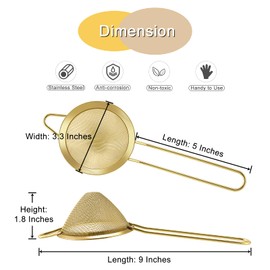 Fine Mesh Strainer Set of 2, E-far 3.3 Inches Stainless Steel Tea Strainer with Long Handle, Small Conical Mesh Strainers Sieve for Cocktail Coffee Food, Rust Proof & Easy to Clean(Gold)