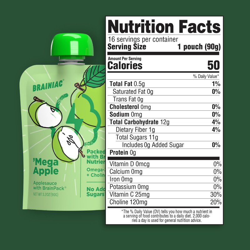 Brainiac Apple Applesauce, Unsweetened Applesauce with Vitamin C, Omega-3s &