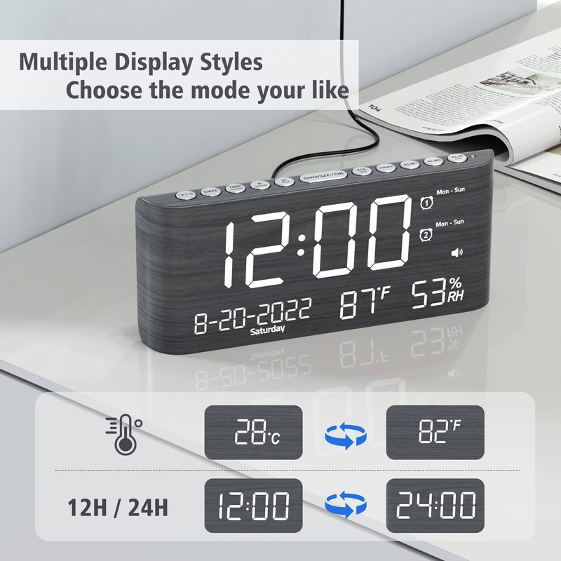 Mesqool Digital Alarm Clock, with Calendar Temperature and Humidity, Loud