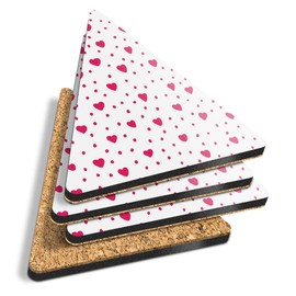 4 x Triangle Coasters - Pink Love Heart Pattern Valentines Day Cork Backed MDF Glossy Tea Coffee Accessory #46079