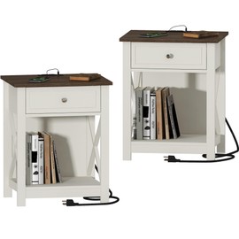 Treocho Farmhouse End Table Set of 2,Nightstand with Charging Station, X-Design Side Table with 2 AC and USB Power Outlets, Small Night Stand with Storage Drawer and Open Shelf for Living Room.