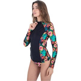 Hurley Women's Fiji Fantasy Rash Guard with Zip Front Rash Guard Shirt, black