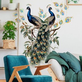 WandSticker4U® - Elegant Wall Sticker PFAU with Golden Contours (102 x 96 cm) I Wall Decoration Exotic Animal Birds Peacock Large Sticker I Wall Sticker Living Room Bedroom Adults Hallway XXL