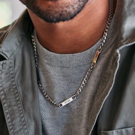 EVE'S ADDICTION Stainless Steel Figaro Chain Engravable Three Name Bar Necklace - Gifts for Dad