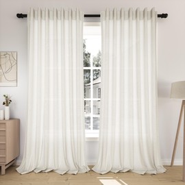 HESTIA Linen Back Tab Curtains for Living Room 84 Inch Length 2 Panel Pocket Drape Light Filtering Sheer Neutral Country Rustic Farmhouse Boho Curtain Bedroom White (84" L x 52" W)