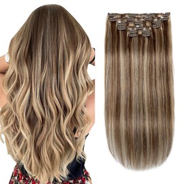 XDhair Clip-In Real Hair Extensions, Brown with Blonde, Clip-In Real Hair, 45 cm, 6 Pieces, 120 g, Real Hair with Clips in Colour 4P27 (#4P/27-18 Inches)