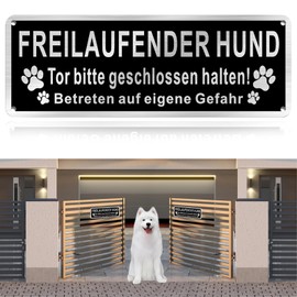 Freilaufender Hund Brushed Aluminium 25 x 9 cm, Warning Dog Sign, Caution Free-Ranging Dog, Sign Dog Warning, At Your Own Risk Sign, Warning of the Dog Signs with 4 Holes for Indoor/Outdoor Use