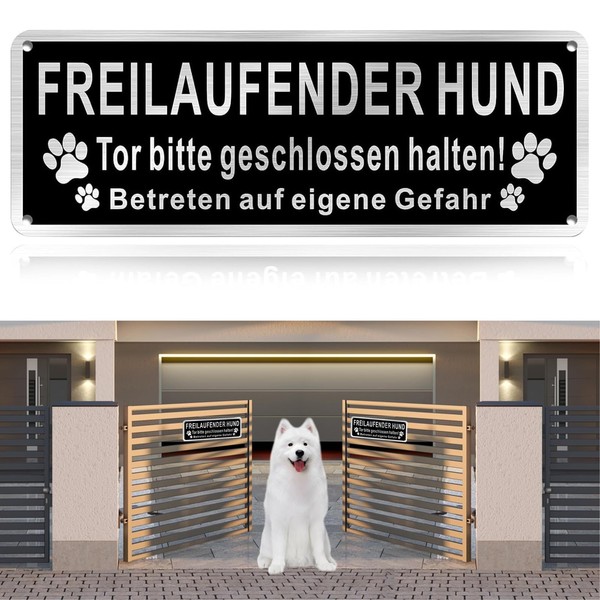 Freilaufender Hund Brushed Aluminium 25 x 9 cm, Warning Dog