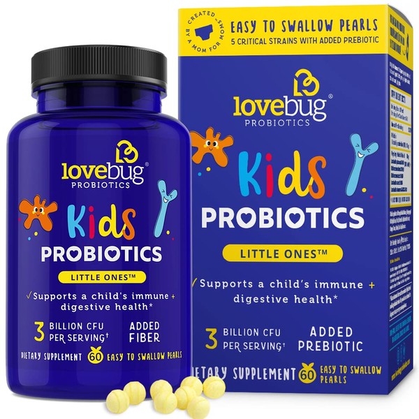 LoveBug Probiotics Little Ones Kids Probiotics, 60 Pearls 3 Billion CFU w/Added prebiotic Fiber Allergen-Free, Non-GMO
