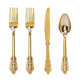 WDF 200 Pieces Gold Plastic Silverware Disposable - 50 Guests Heavy Duty Gold Plastic Cutlery - Disposable Utensils Includes 100 Forks, 50 Spoons, 50 Knives Perfect for Party/Weeding