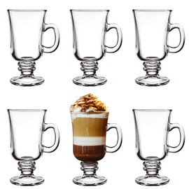 Set of 6 Irish Coffee Mugs, 8 Oz Glass Footed Espresso Cups with Handles, Clear Goblet Mugs Glasses for Coffee, Latte, Cappuccino, Smoothie, Hot Cold Beverages