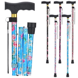 PARLORA Walking Cane for Women and Men, Collapsible, Lightweight, Sleek, Foldable Folding Cane | Walking Sticks for Seniors & Adults with Comfortable T-Handle [Blue Flower]