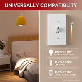 AIDA Toggle Slide Dimmer Switch for Dimmable LED Light/CFL/Incandescent 600 Watt max, Single-Pole or 3-Way, Rocker On/Off Wall Switch with Dimmer Slider, Wall Plate NOT Included, UL Listed, 1 Pack