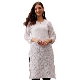 Ada Indian Hand Embroidery Chikankari Faux Georgette Kurta Kurti Tunic For Women & Girls A95485 (XXX-Large, White)