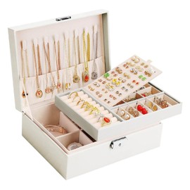EASYLEE Jewelry Box Organizer, 2 Layers Jewelry Storage Case Lockable, PU Leather & Soft Lined Jewellery Holder for Necklace Earrings Rings Bracelets, Gift for Girlfriend Wife Women Lady Girl (White)