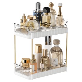 akinbas 2 Tier Bathroom Organizer Countertop Makeup Perfume Tray Skincare Organizer for Bathroom Dresser Vanity (White)