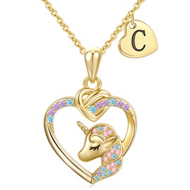 Fezodo Unicorn Initial Necklaces for Girls Kids Women - 14K Real Gold Plated Heart Initial C Letter Necklace Unicorn Birthday Gifts for 6 7 8 9 10 Years Old Girls Gift