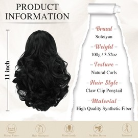 Sofeiyan Ponytail Extension 28 cm Claw Clip in Ponytail Hair Extensions Short Curly Wavy Ponytail Extensions Synthetic Hairpiece for Women Black