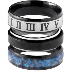 3 Anillos Números Romanos, Gris-negro, Negro-Azul │ Anillos Giratorios, Anillos Anti Ansiedad, Anillos de Acero Inoxidable, Anillo Hombre, Anillo Mujer, Anillos Negros MR01 (9)