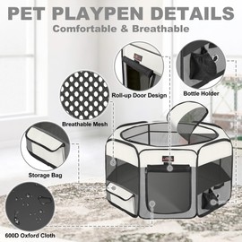 Dog Playpen, Cat Playpen - Foldable Pet Playpen with Carrying Case, Portable Pet Tent for Indoor/Outdoor Use | Water Resistant | Removable Shade Cover - (Grey, Small)