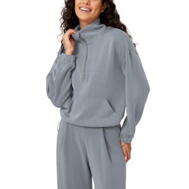 ODODOS Women's Modal Soft Cinchable Sweatshirts Half Zipper Funnel Neck Oversize Pullover with Pockets, Grey Blue, Medium