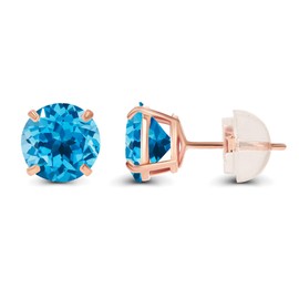 Genuine 10K Solid Rose Gold 4mm Round Natural Swiss Blue Topaz December Birthstone Stud Earrings