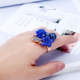 Aloluo Blue Plumeria Rose Flower Resin Statement Rings for Women Gold Plated Cubic Zirconia Butterfly Blue Ball Boho Adjustable Open Band Finger Ring Birthday Wedding Bohemia Jewelry Gift