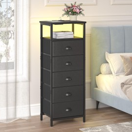 sthmec Nightstand with Charging Station,LED Black Nightstands with 5 Fabric Drawers PU Finish, Bedside End Tables, 2-Tier Open Storage Shelf Side Table Nightstand with Drawers for Bedroom, Black