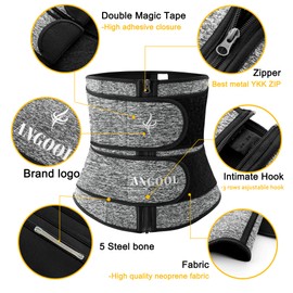 ANGOOL Neopren Waist Trainer For Women,Workout Plus Size Trimmer Belt Sauna Sweat Corset Cincher With Zipper Gray