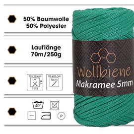 Wollbiene Macrame Yarn 5 mm, 2 x 70 m, Natural Macrame, Cotton Yarn, Mixed Yarn for Knotting Macrame - Rope Yarn, Cotton Macrame Yarn for Arts, DIY Crafts (Red 07)
