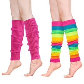EQLEF 80s Neon Leg Warmers, Rainbow Knee Warmers and Pink Knitted Leg Warmers for Girls, Colour Leg Warmers for Retro 80s Theme Party, Yoga, Casual (2 Pairs), Rainbow, Pink