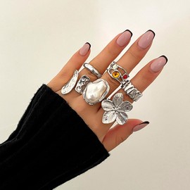 XUN Zhe Liquid Lava Chunky Stackable Finger Rings Set Stone Baroque Pearl Knuckle Open Rings Vintage Flower Joint Midi Ring Gold Silver Jewelry for Women Gift (Silver)