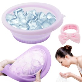 Face Bowl for Ice, Face Ice Bath Bowl, with Built-in Icetray Silicone Foldable Portable Design, with Pink Wash Strap, Skin Tightening, Vagus Nerve Stimulation and Pore Shrinking (Purple)