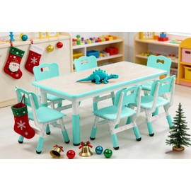 Modern Kids Table and 6 Chair Set,47.20"Height Adjustable Toddler Table and 6 Chairs Set With Non-Slip desks Legs&Organizer Graffiti Desktop,Preschool Activity Kids desk Set for Ages 2-10 (Teal)