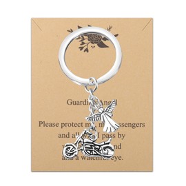 FEELMEM Motorcycle Biker Keychain Motorcycle Guardian Angel Gift Ride Safe Keychain Guardian Angel Prayer Drive Safe Gifts (silver)