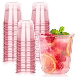 KesaPlan 100 Pcs Pink Plastic Cups, 12oz Disposable Stemless Wine Glasses for Cocktail Cute Clear Cocktail Wine Glasses Pink Party Cups for Meeting Wedding Christmas Holiday Party