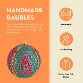 Ragini Handmade Fabric Bauble | 8cm Purple with Pink and Teal Paisley Pattern | Unique Christmas Ornament | Eco-Friendly Décor | Sustainable Elegant Tree Decoration