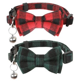 BANMODER Cat Collar Breakaway with Bells,Cute Cat Bow Tie,2 Pack Safety Plaid& Flower Kitten Collar for Girl Boy Male Cats (Red & Green)
