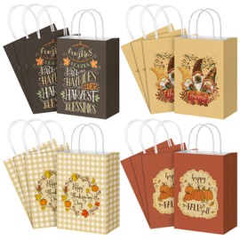 Whaline 16Pcs Thanksgiving Fall Gift Bags with Handles Autumn Harvest Kraft Paper Gift Bags Happy Fall Pumpkin Assorted Style Goodie Treat Party Favor Bags for Thanksgiving Birthday Holiday Party
