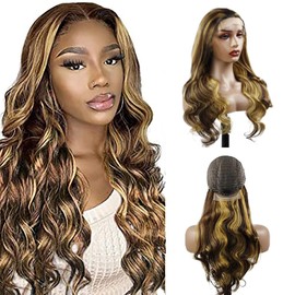 Weeybay 4x4 HD Transparent Lace Front Wigs Body Wave P4/27 Highlight Ombre Honey Blonde 100% Unprocessed Human Hair Wig Baby Hair 20 Inch