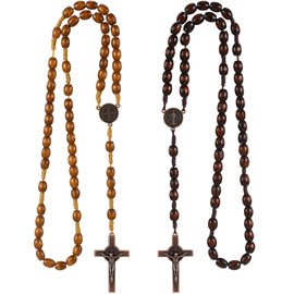 Sinmoe Pack of 2 Wooden Rosary Necklaces, Catholic Rosary Chains Made of Wood, Handmade Religious Prayer Beads with Cross Pendant, Religious Jewellery for Women, Communion, Christening, Dark, light