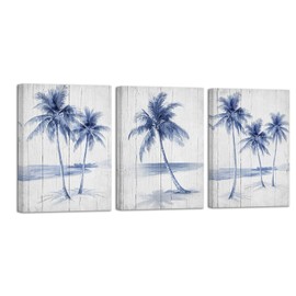 Nachic Wall Palm Tree Wall Art Blue Watercolor Coastal Beach Pictures Rustic Palm Pictures for Bathroom Bedroom 12"x16"