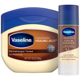 Vaseline Rich Moisturizing Healing Jelly Cocoa Butter, 13 oz Bundled with Cocoa Shimmer Stick, 1.4 oz. Provides Radiant and Shimmering Moisturized Skin with Pleasant Scent