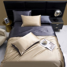 YASMENG Satin Bed Linen 155 x 220 cm Beige Dark Grey Reversible Silk Bed Linen 3-Piece Smooth Shiny Silky Soft Bed Linen Satin with Zip and 2 Pillowcases 80 x 80 cm
