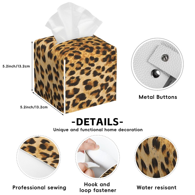 Brown Leopard Tissue Box Cover,PU Leather Tissue Box Holder Square,Modern
