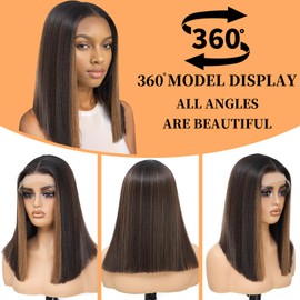 Short Bob Wigs for Black Women 13x4x1 T Part HD Synthetic Lace Front Wigs Black Mix Brown Wigs Blunt Cut Glueless Wig Straight Synthetic Wigs for Party and Daily Use